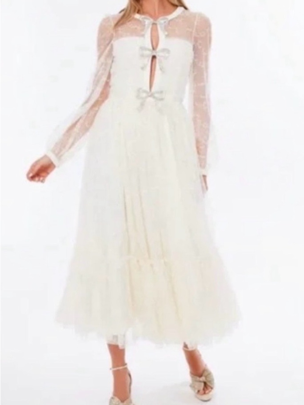 SALONI Tusk Ivory Embroidered Sheer Camille Bow-Embellished Tulle Maxi Dress